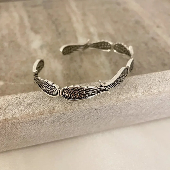 925 Sterling Silver Wings Cuff Bracelet Silver Vintage Bangle Bracelet - Picture 5 of 6